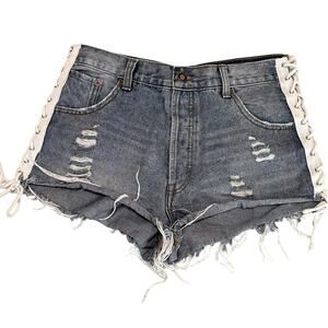 Twelve Lace Up Side Button Fly Cut Off Jean Shorts Womens M Festival Blue Denim